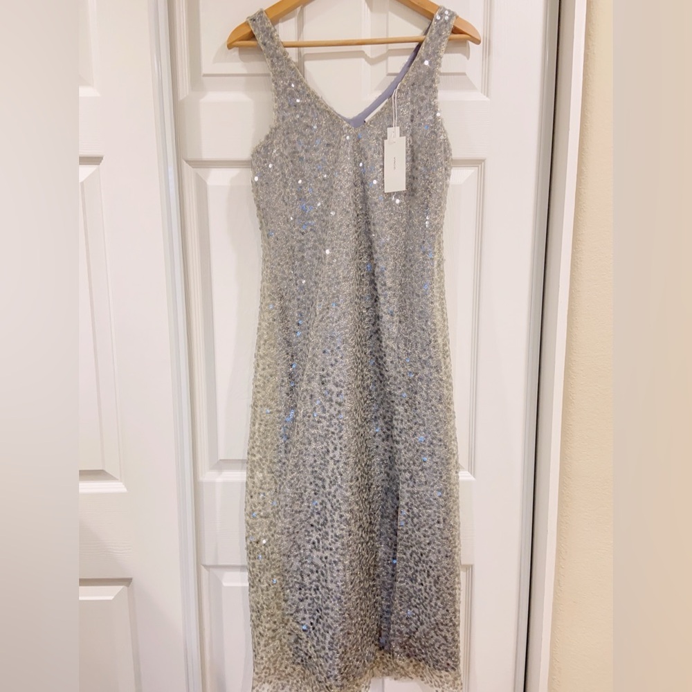 NWT $595 Vince Sequined Metallic Lace Midi Dress - Silver - Picture 6 of 11